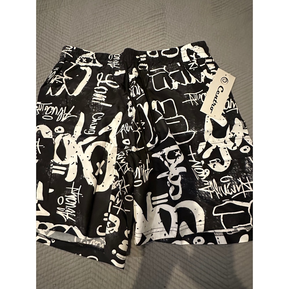 Centro Mens Graffiti Print Swim Trunks Black White Mesh Lined Cargo Pocket M NWT